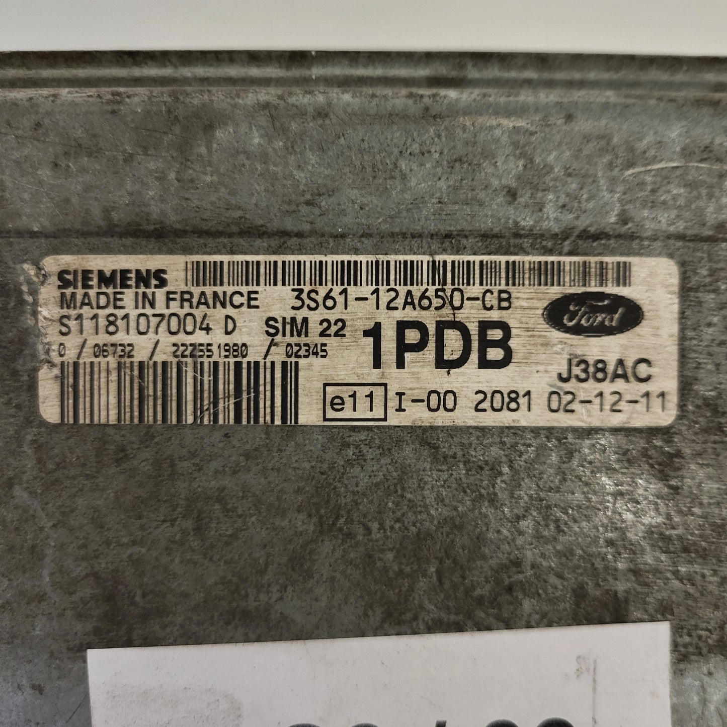Ford ECU / S118107004D / 3S61-12A650-CB / 1PDB / SIM22 / J38AC / SIEMENS