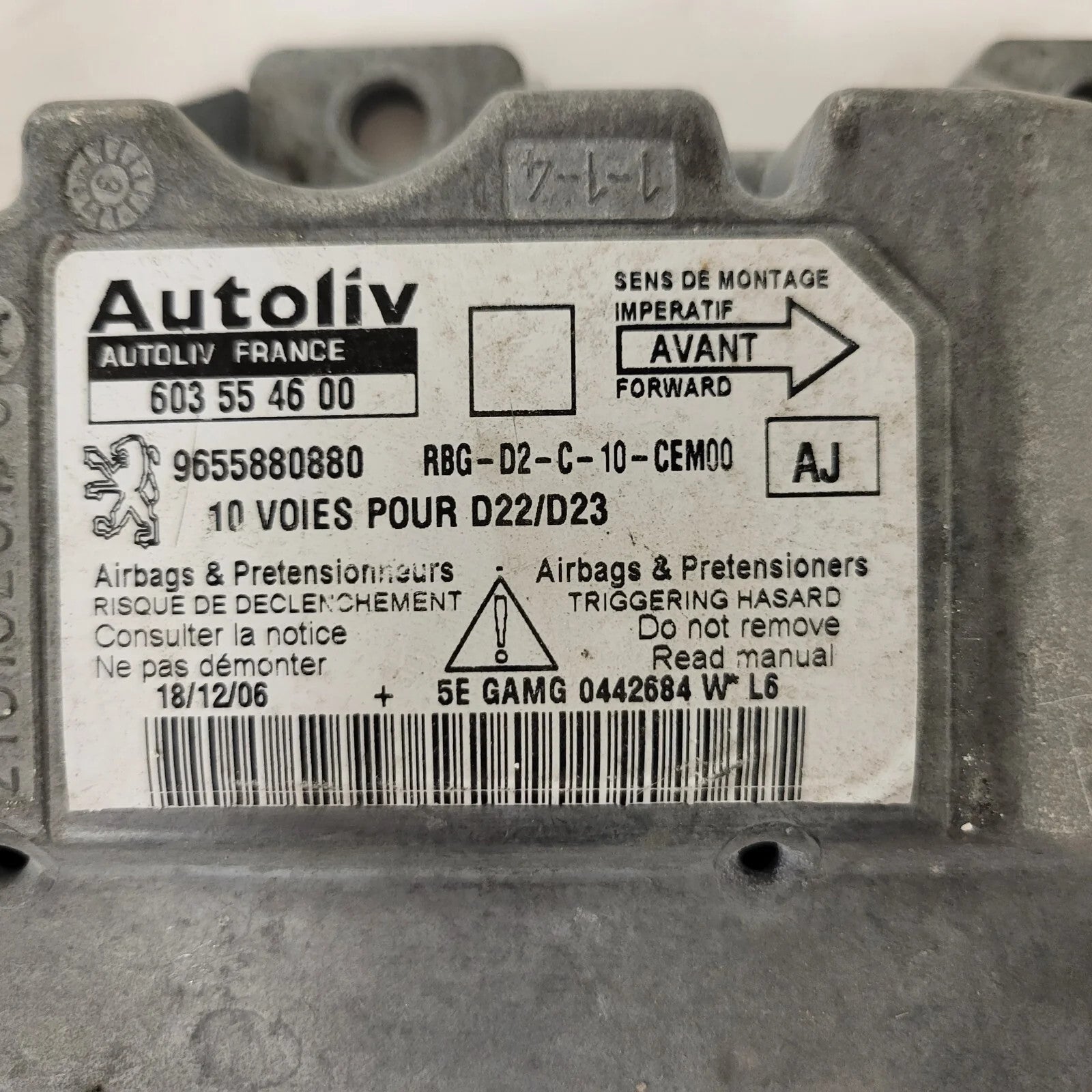 PEUGEOT 407 AIRBAG ECU / 603554600 / 9655880880 / AUTOLIV