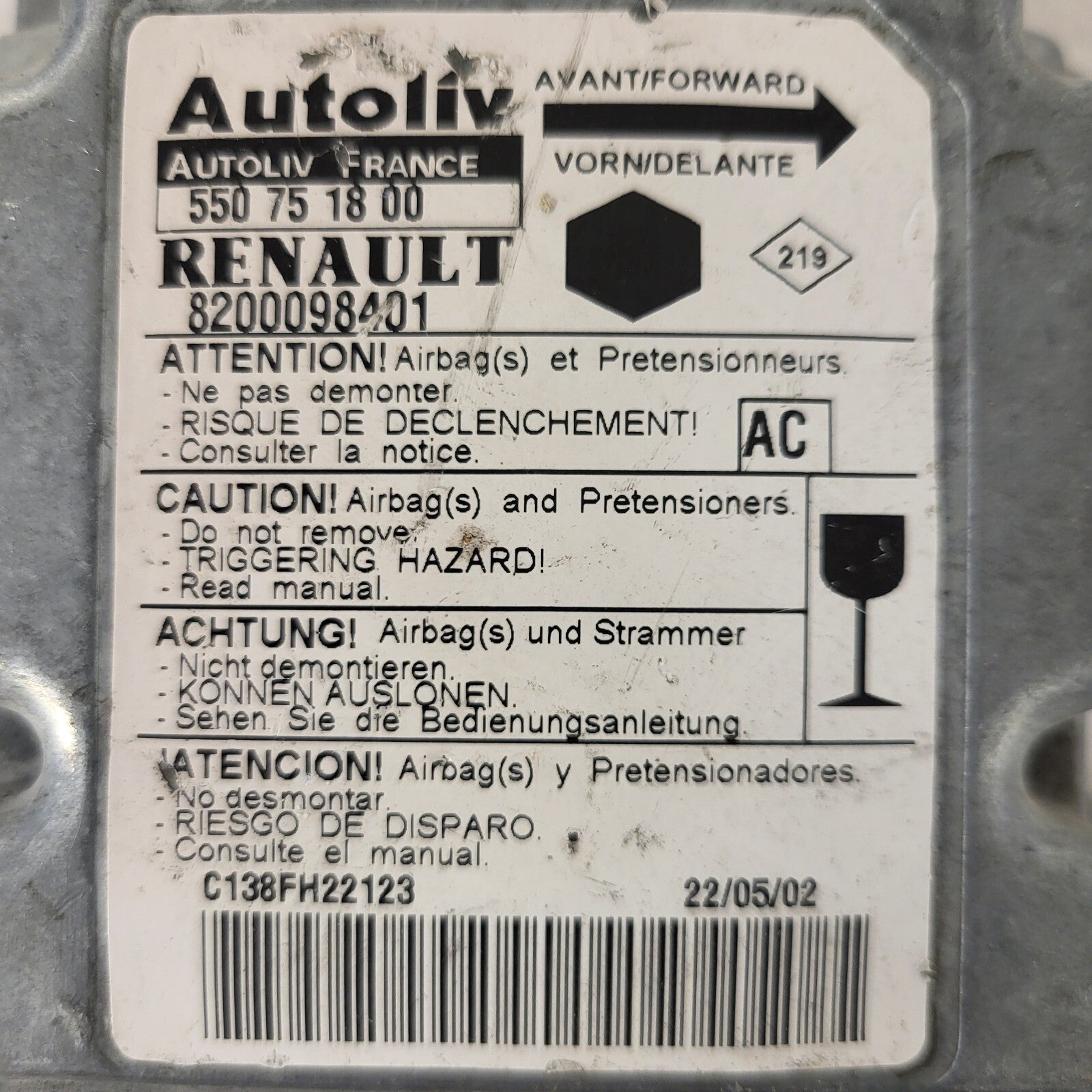 RENAULT AIRBAG ECU / 550751800 / 8200098401 / AUTOLIV