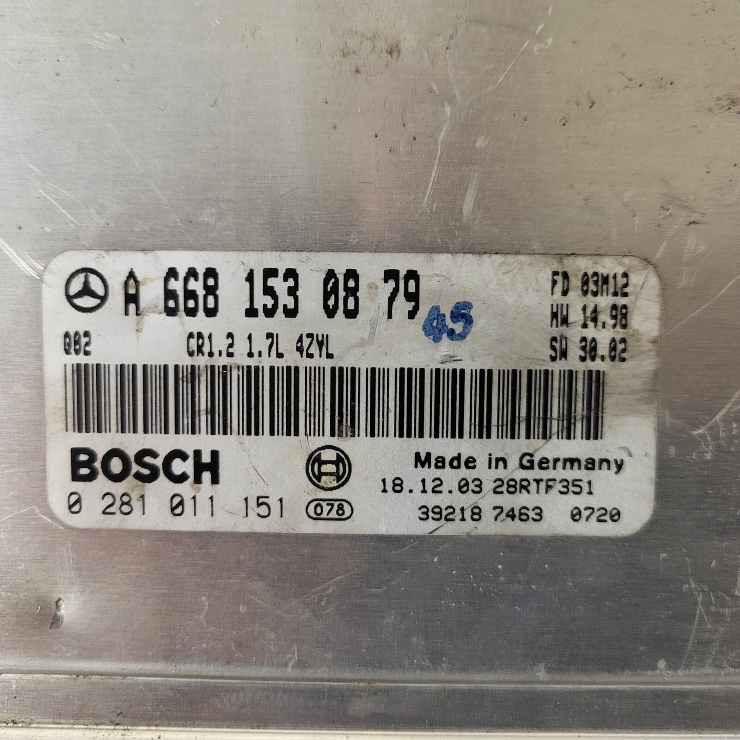 Mercedes a Class W168 ECU / A6681530879 / 0281011151 / CR1.2 / BOSCH