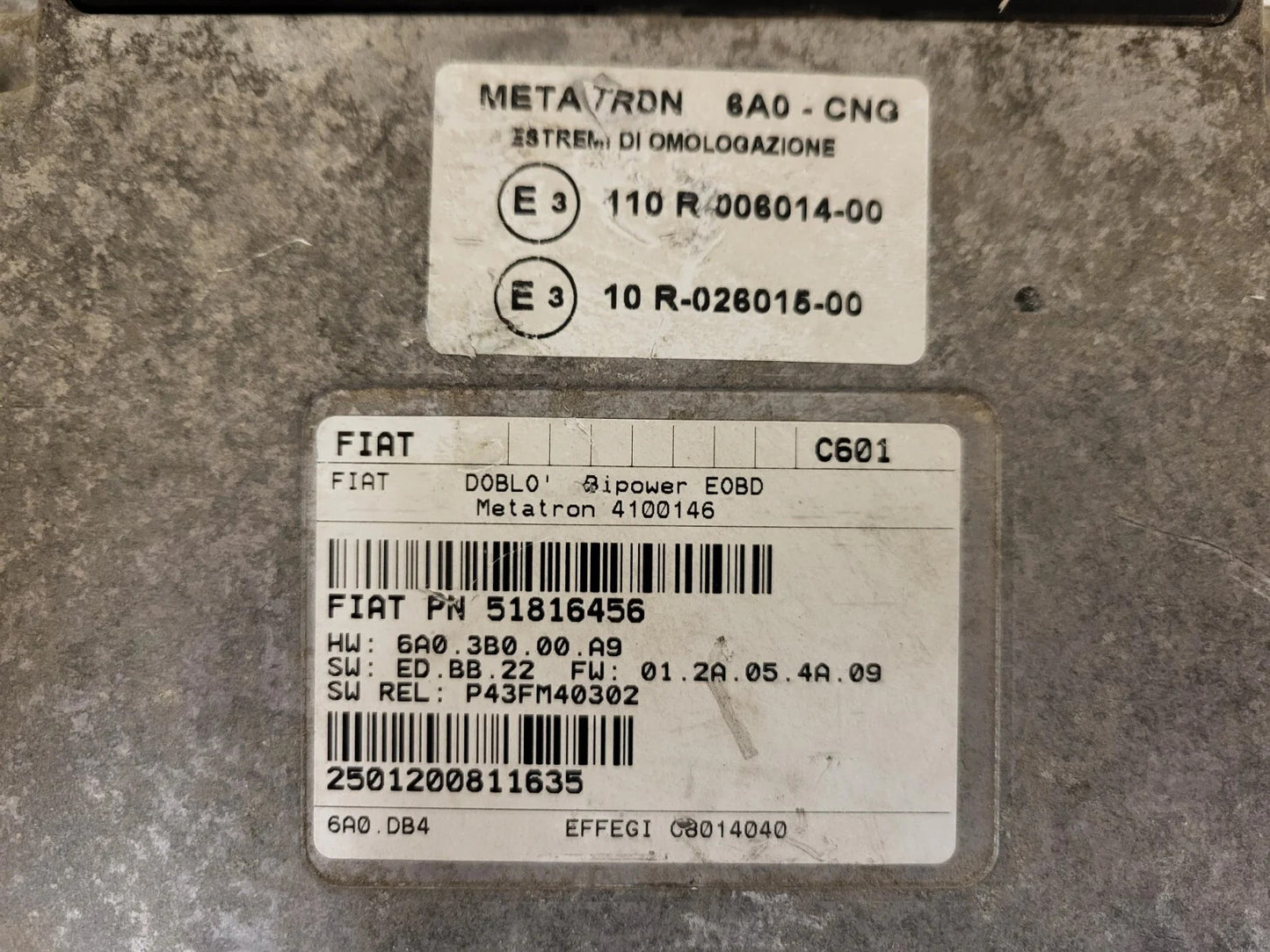 FIAT DOBLO BIPOWER ECU / 51816456 / 4100146 / 6A03B000A9 / METATRON