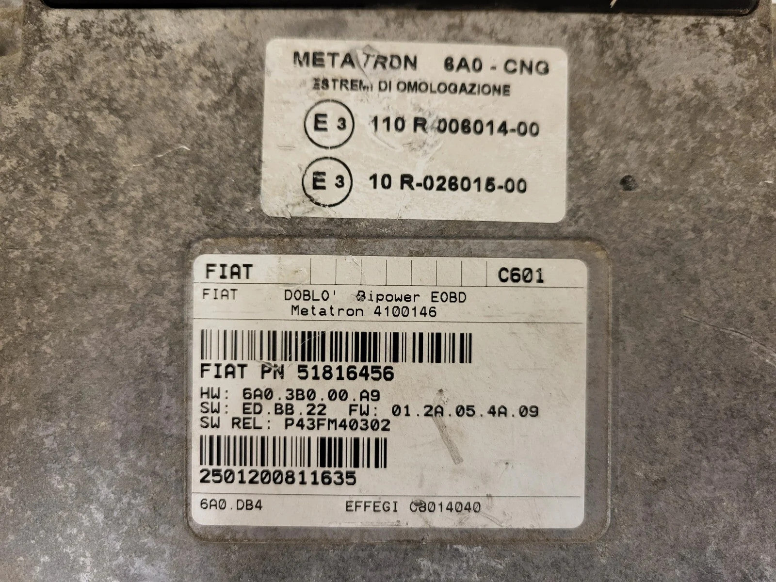 FIAT DOBLO BIPOWER ECU / 51816456 / 4100146 / 6A03B000A9 / METATRON