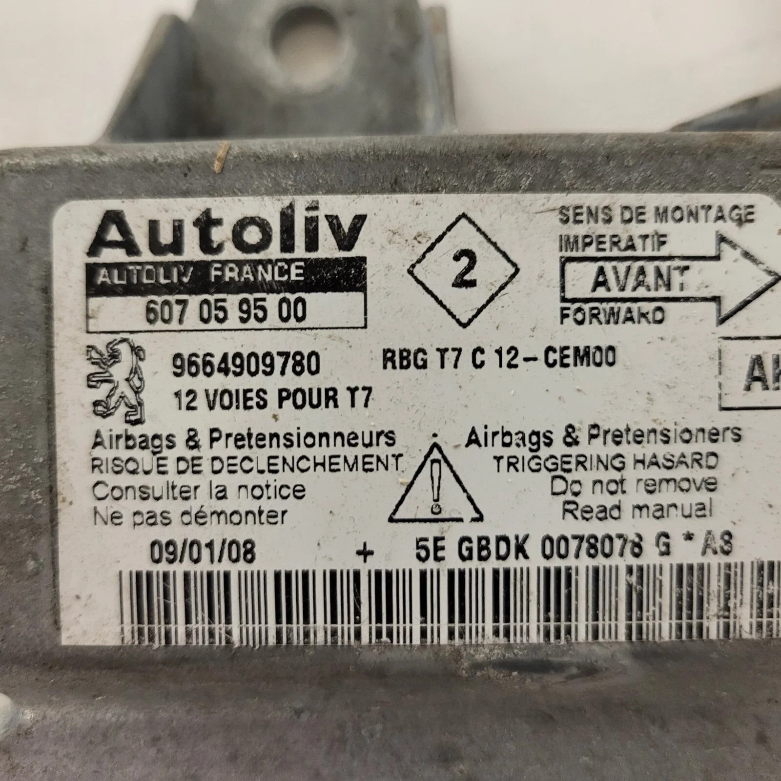 PEUGEOT 308 AIRBAG ECU / 607059500 / 9664909780 / AUTOLIV