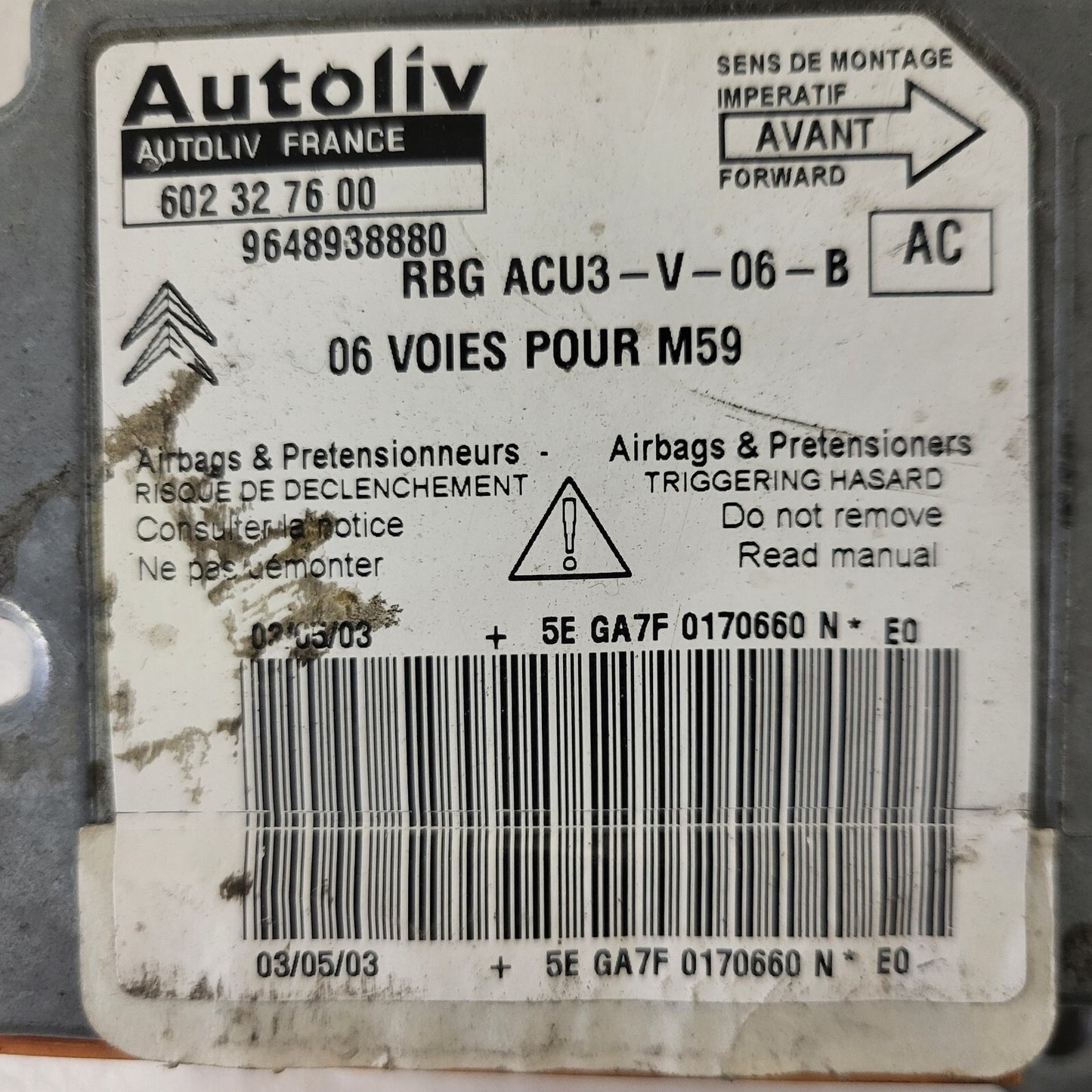 CITROEN BERLINGO AIRBAG ECU / 602327600 / 9648938880 / AUTOLIV