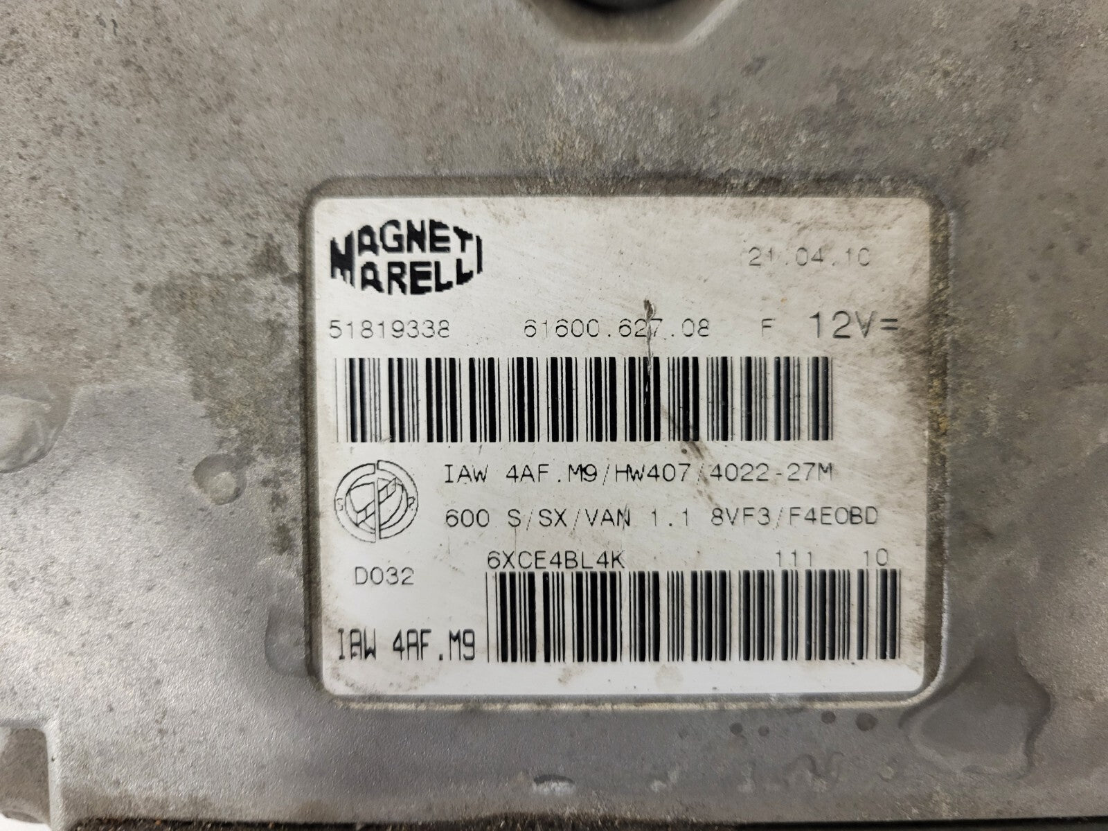 Fiat 600 ECU / IAW 4AF.M9 / 51819338 / HW407 / 61600.627.08 / MAGNETI MARELLI