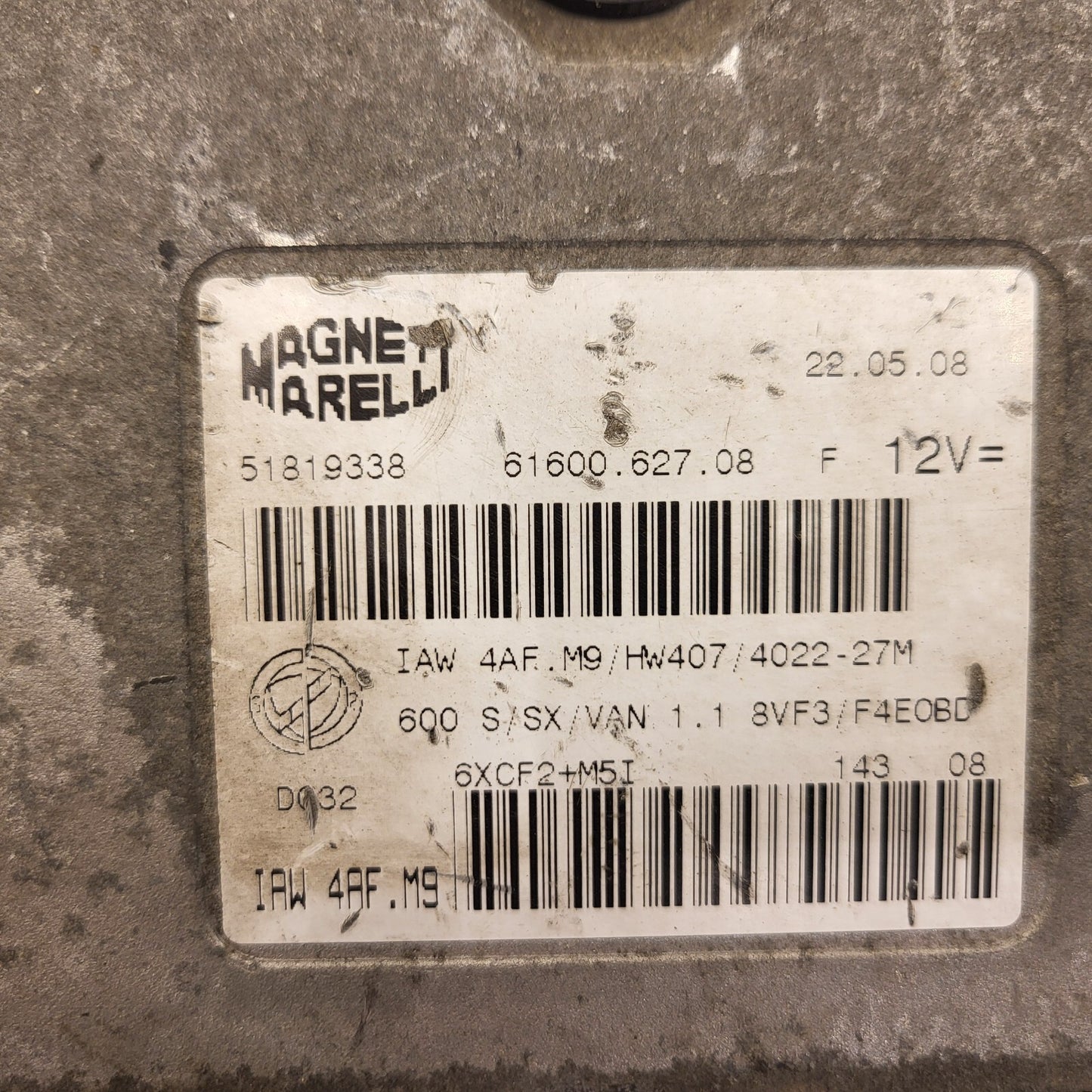 Fiat 600 ECU / IAW 4AF.M9 / 51819338 / HW407 / 61600.627.08 / MAGNETI MARELLI