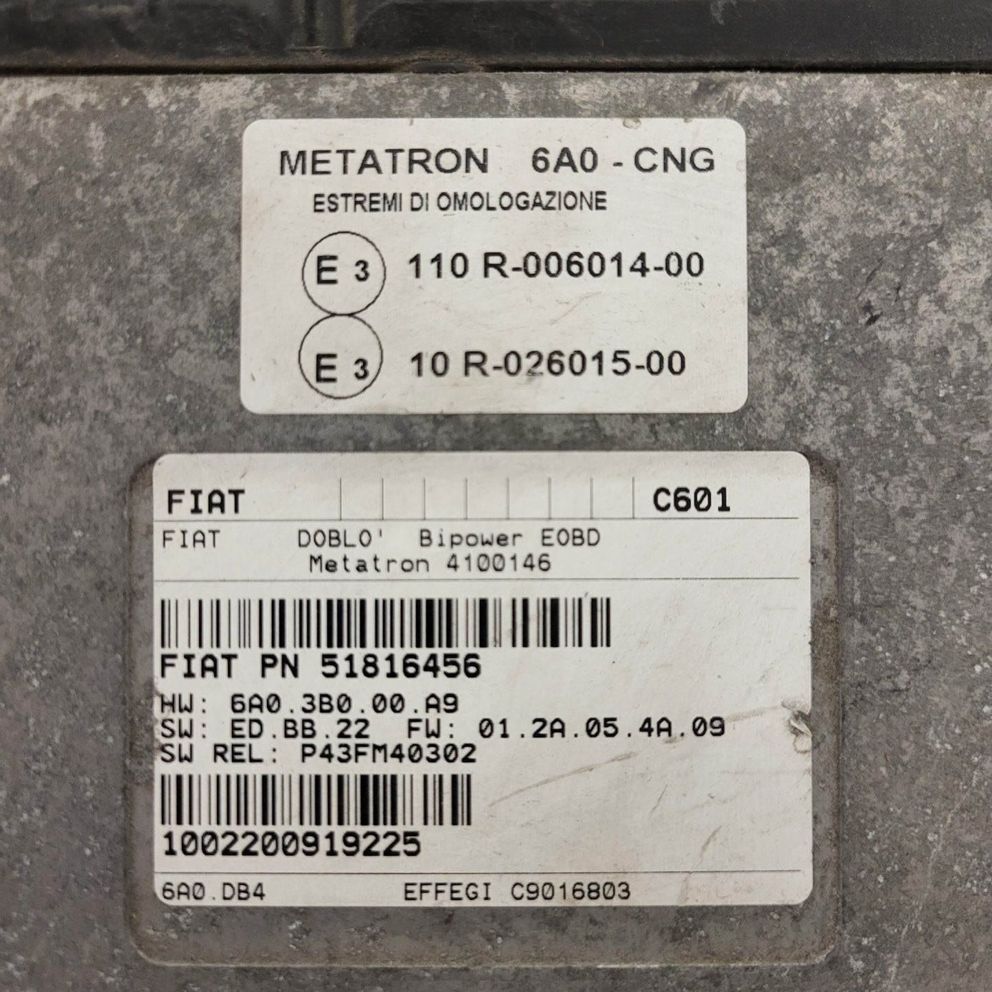FIAT DOBLO BIPOWER ECU / 51816456 / 4100146 / 6A03B000A9 / METATRON