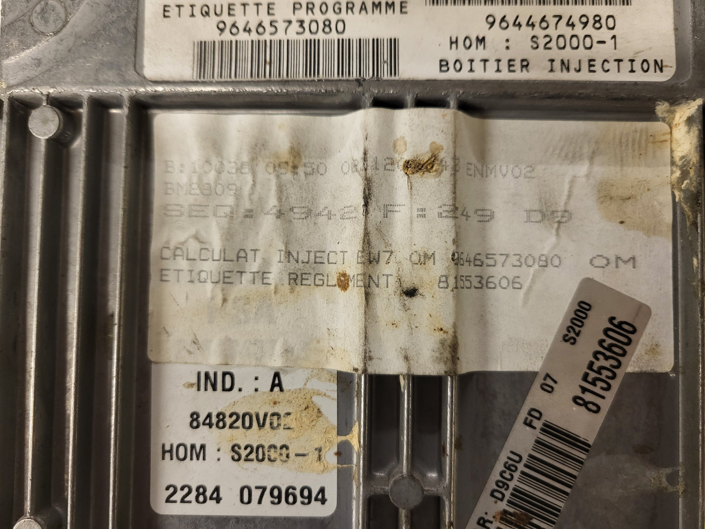 PEUGEOT CITROEN ECU / 9646573080 / 9644674980 / 84820V02 / HOMS2000-1 / SAGEM