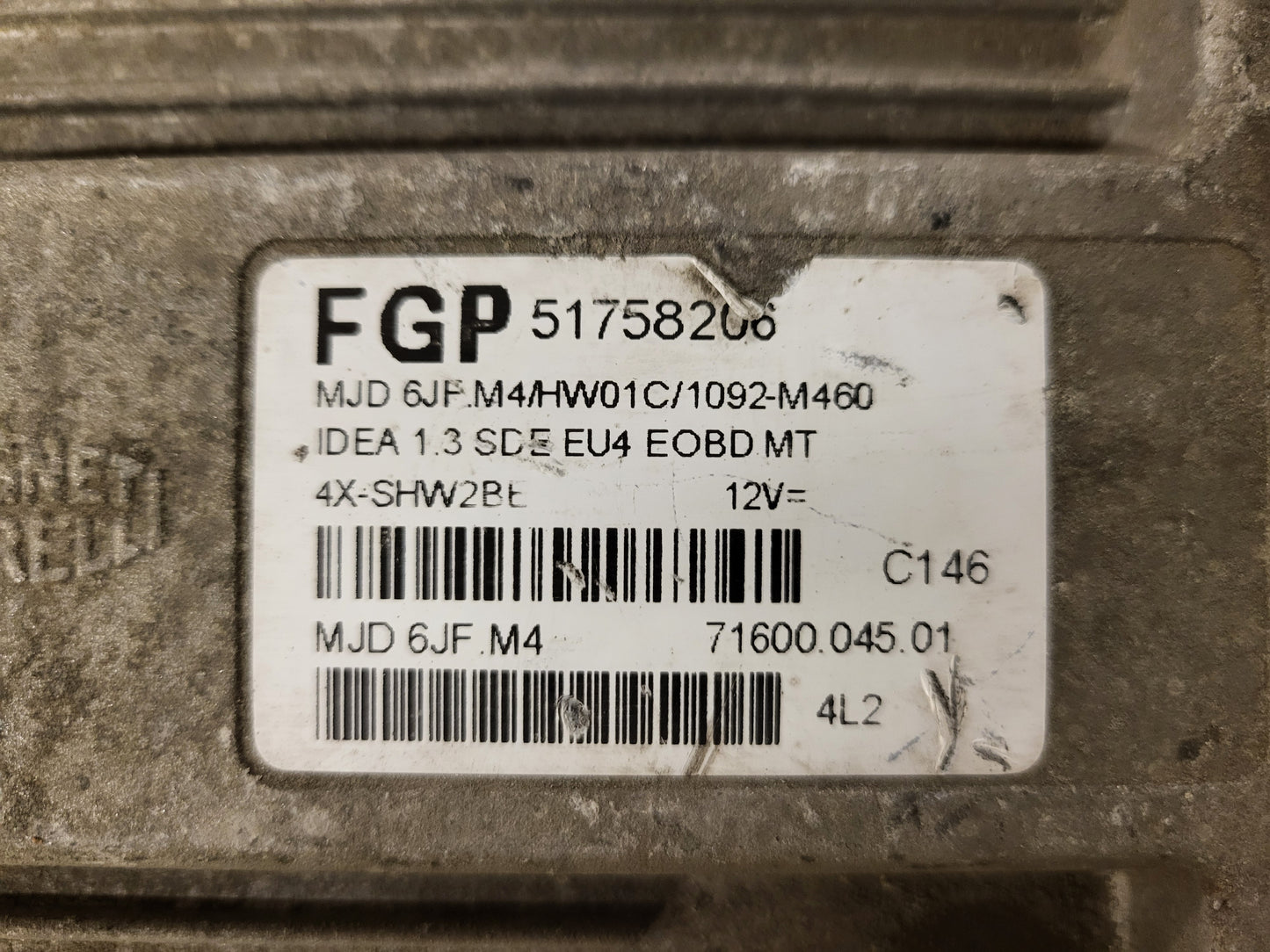 FIAT IDEA ECU / 51758206 / MJD 6JF.M4 / HW01C / 71600.045.01 / MAGNETI MARELLI