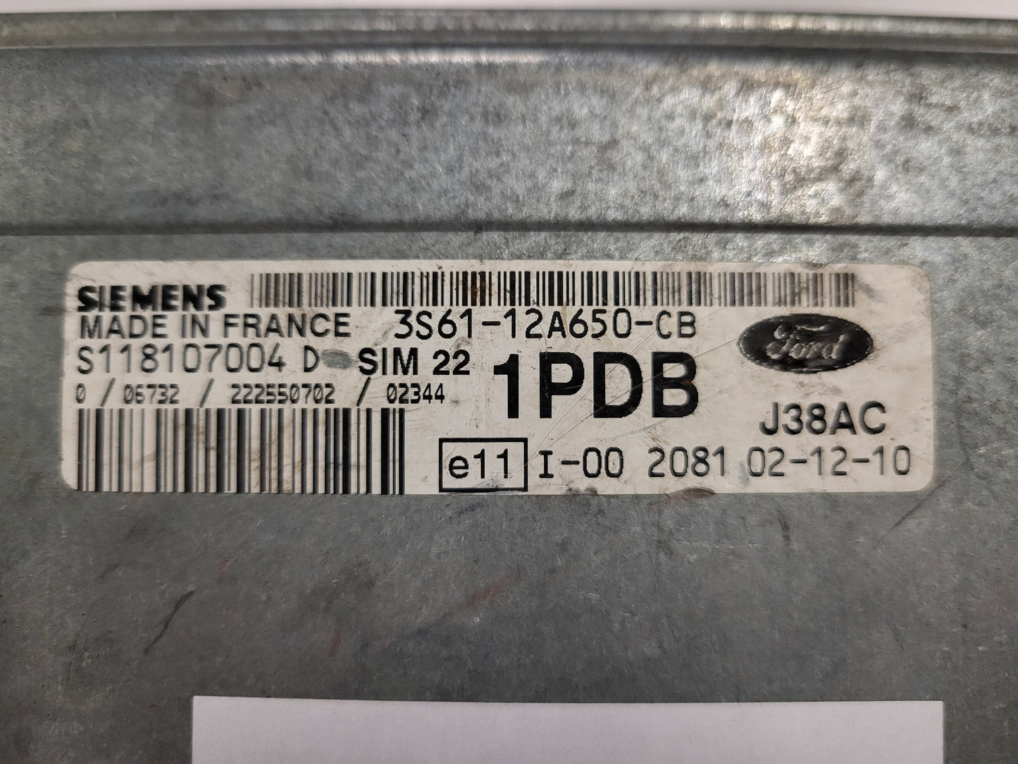 Ford ECU / S118107004D / 3S61-12A650-CB / 1PDB / SIM22 / J38AC / SIEMENS