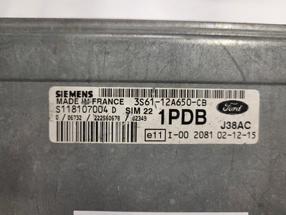 Ford ECU / S118107004D / 3S61-12A650-CB / 1PDB / SIM22 / J38AC / SIEMENS