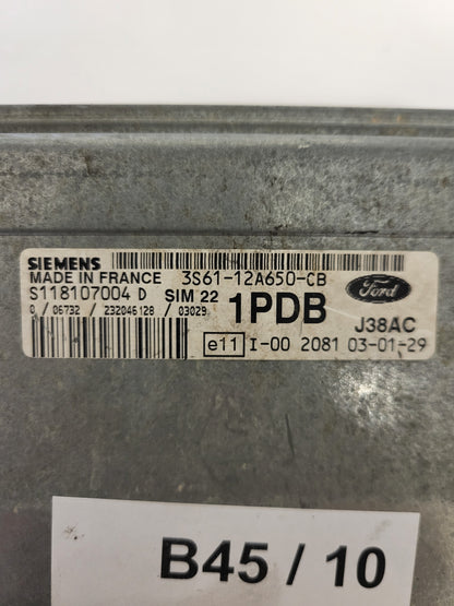 Ford ECU / S118107004D / 3S61-12A650-CB / 1PDB / SIM22 / J38AC / SIEMENS