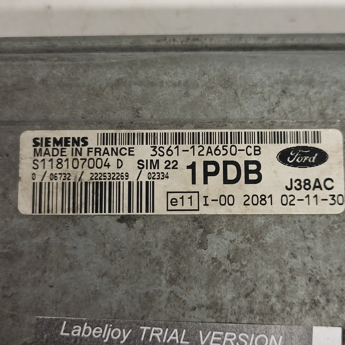 Ford ECU / S118107004D / 3S61-12A650-CB / 1PDB / SIM22 / J38AC / SIEMENS - B50-09 - 2