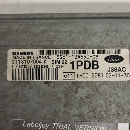 Ford ECU / S118107004D / 3S61-12A650-CB / 1PDB / SIM22 / J38AC / SIEMENS - B50-09 - 2