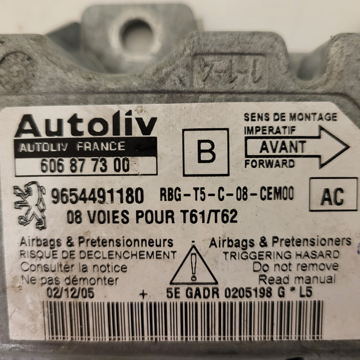 Peugeot 307 1.6 ECU AIRBAG / 9654491180 / 606877300 / AUTOLIV - B63-17 - 2