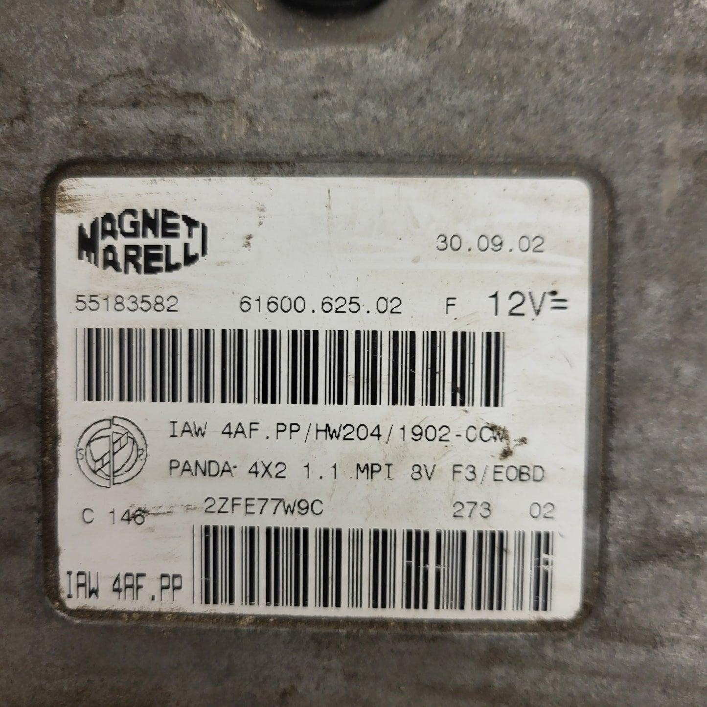 FIAT PANDA 1.1 ECU / 55183582 / IAW 4AF.PP / 61600.625.02 / HW204 / MAGNETI MARELLI