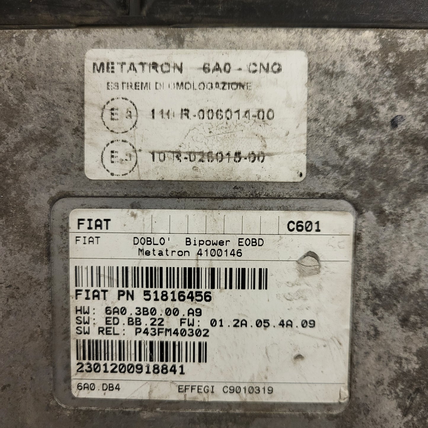 FIAT DOBLO BIPOWER ECU / 51816456 / 4100146 / 6A03B000A9 / METATRON
