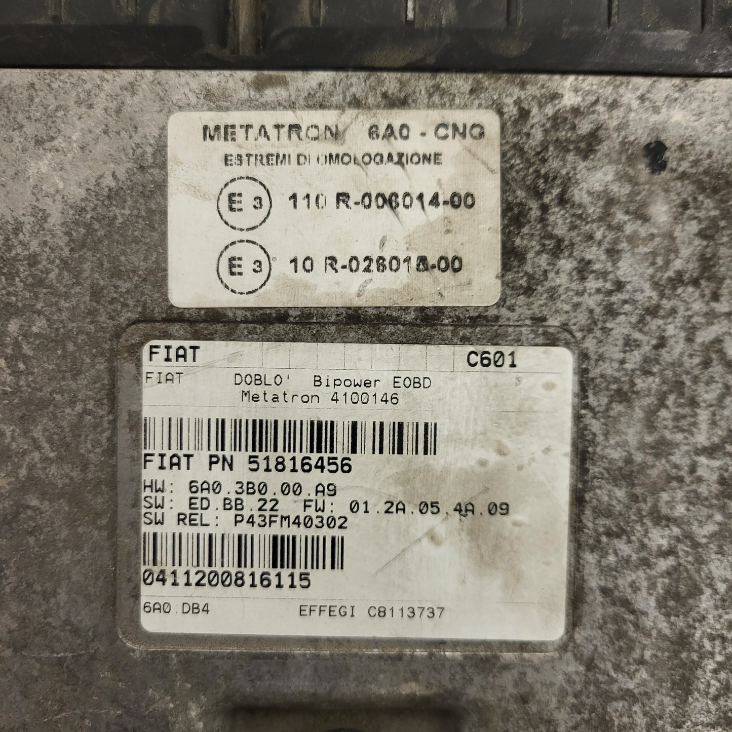 FIAT DOBLO BIPOWER ECU / 51816456 / 4100146 / 6A03B000A9 / METATRON