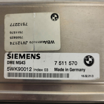 BMW M54 6 CL ECU / 7511570 / 5WK90012 / INDEX 03 / DME MS43 / 7512277 / SIEMENS