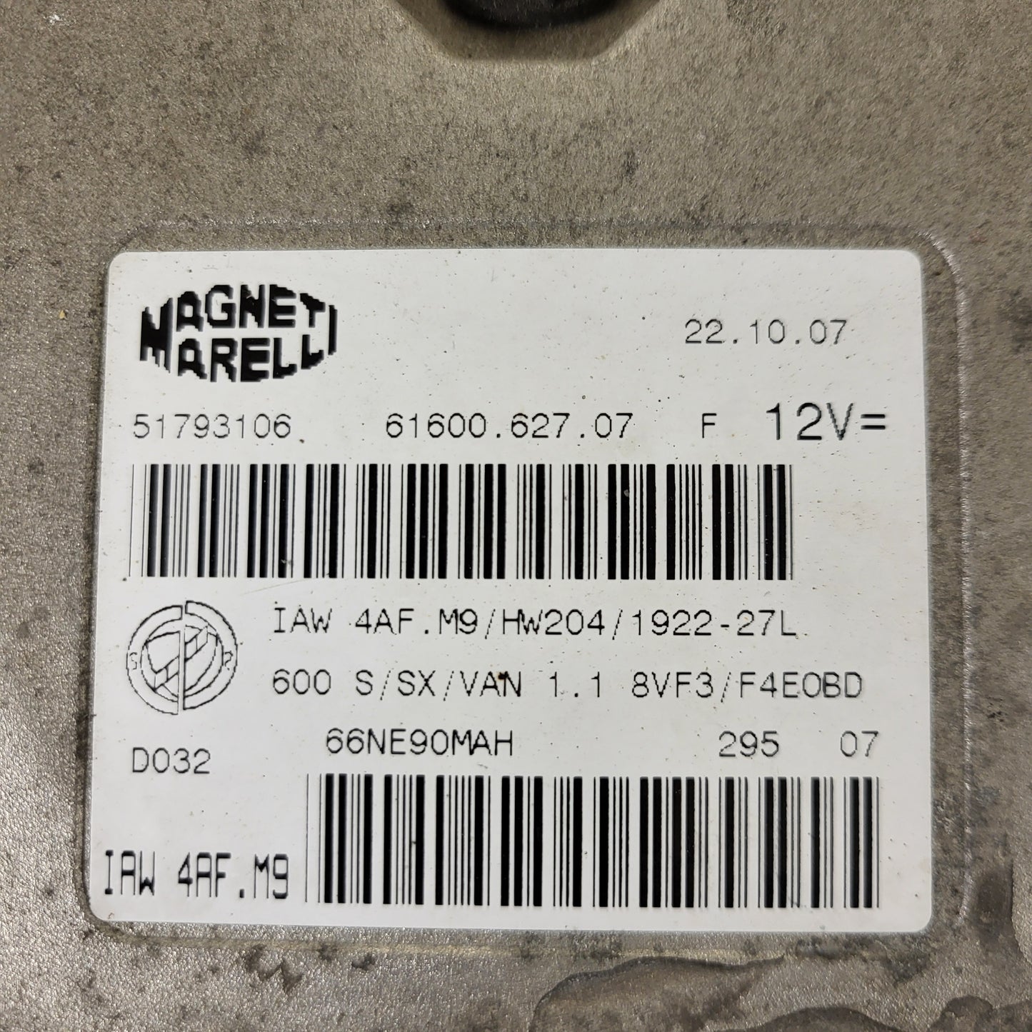 Fiat Seicento 600 ECU / 51793106 / IAW 4AF.M9 / 61600.627.07 / HW204