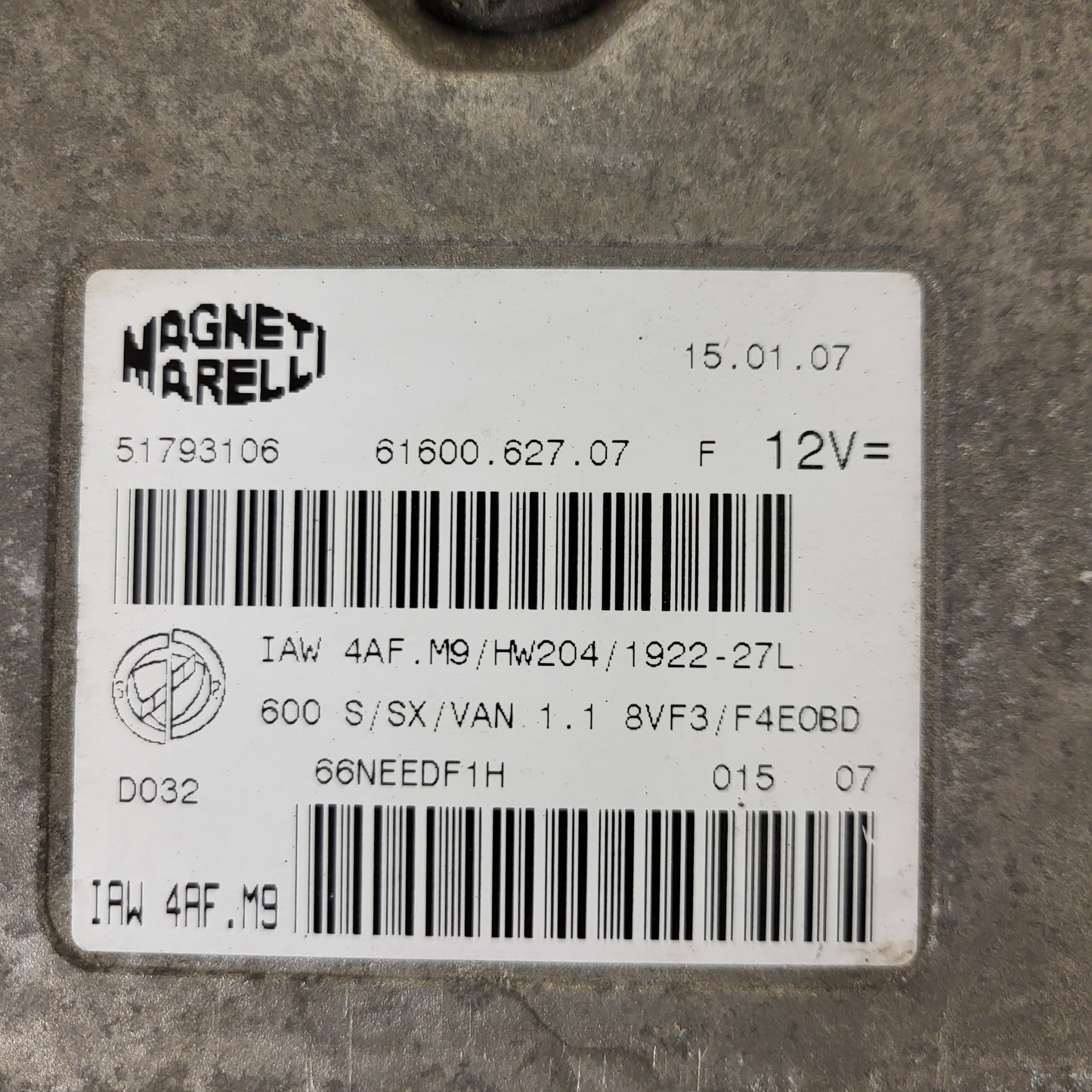 Fiat Seicento 600 ECU / 51793106 / IAW 4AF.M9 / 61600.627.07 / HW204