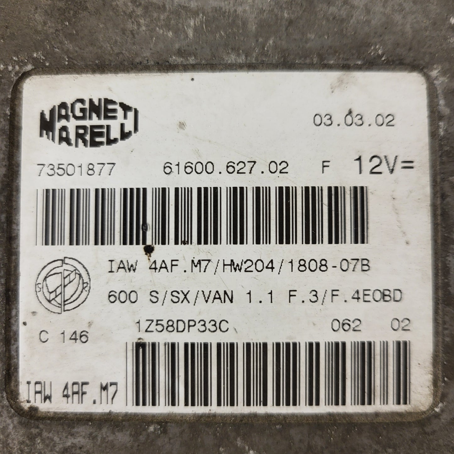 Fiat 600 ECU / IAW4AF.M7 / 73501877 / HW204 / MAGNETI MARELLI