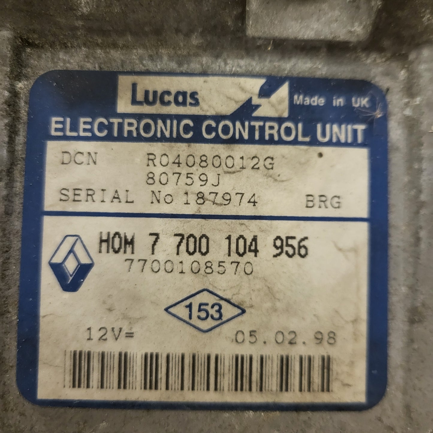 RENAULT ECU / R04080012G / HOM 7700104965 / 7700108570 / DCN DRG / LUCAS