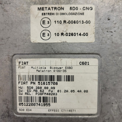 FIAT MULTIPLA BIPOWER ECU / 51815708 / 4100135 / C601 / METATRON