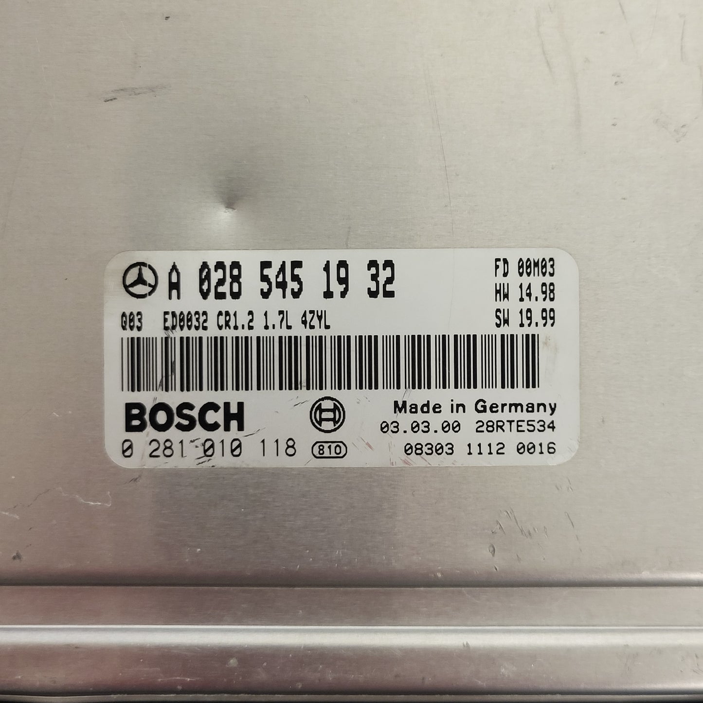 Mercedes a Class W168 ECU / A0285451932 / 0281010118 / CR1.2 / ED0032 / BOSCH